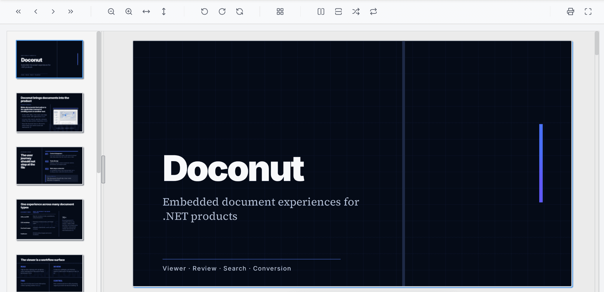 The Doconut viewer showing a presentation, with page thumbnails and the navigation, zoom, rotate and print toolbar