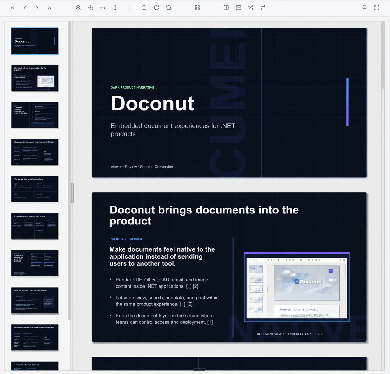 Doconut Viewer affichant un diaporama de présentation avec des miniatures de pages et des contrôles de document